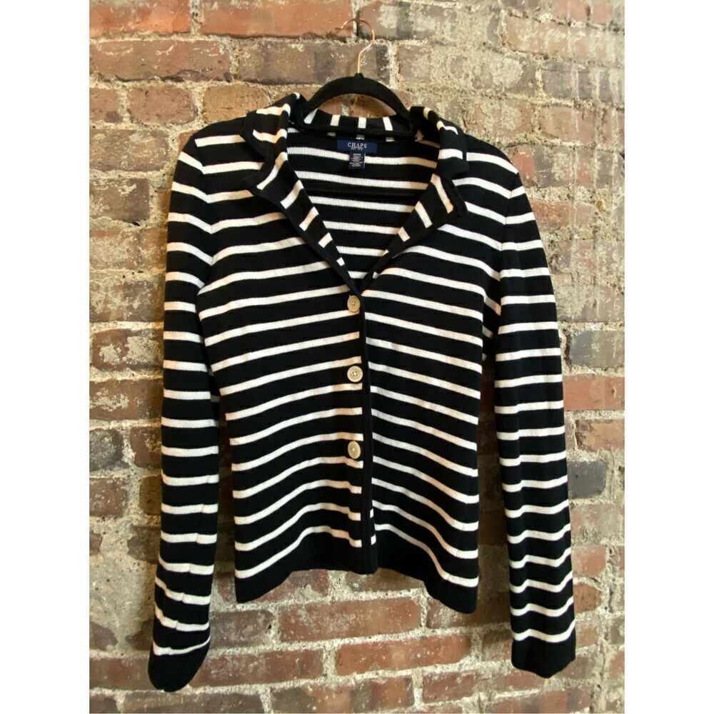 CHAPS Black/White Striped Double Collar Cardigan Sweater Women’s Size S